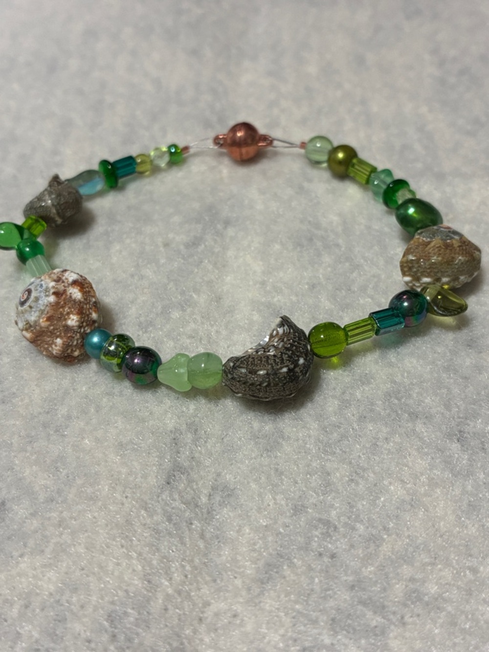 Handmade Green art beads with summer sea shell Beaded magnetic clasp Bracelet